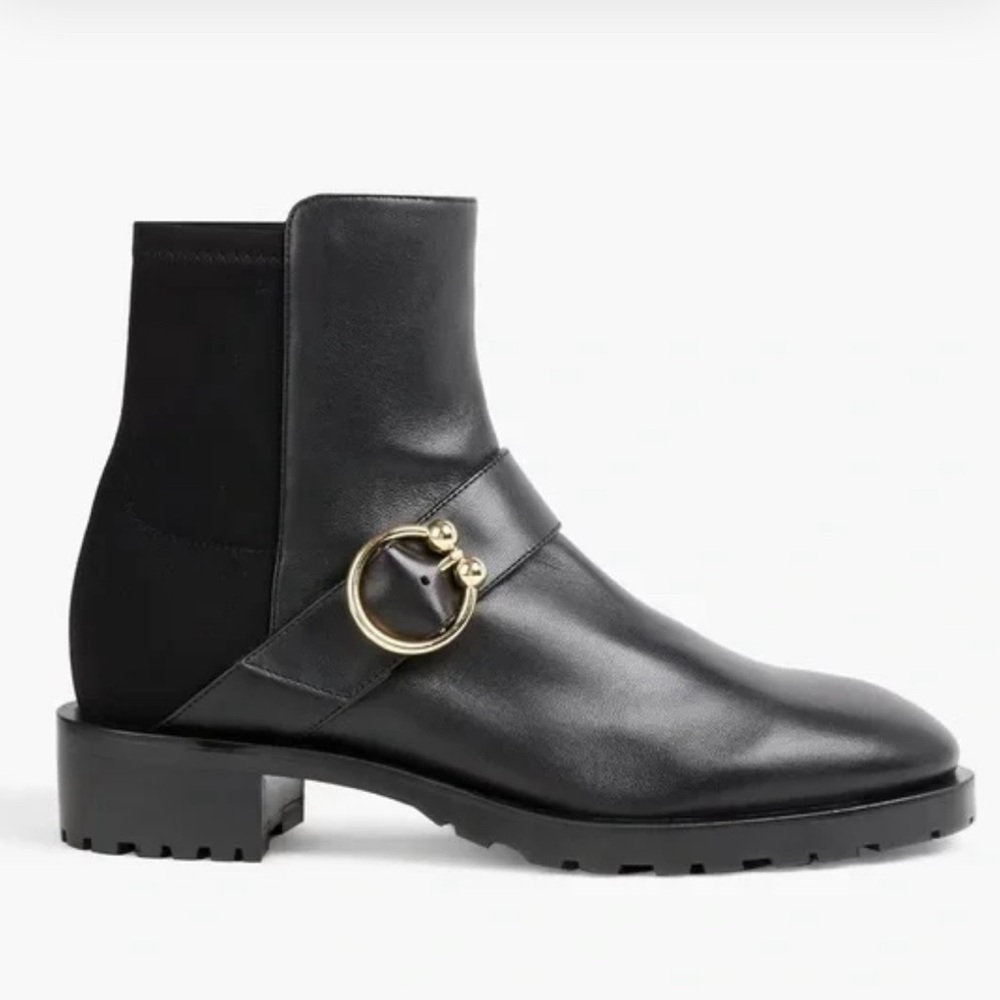 Black Leather Ankle Boots with Gold Accent
